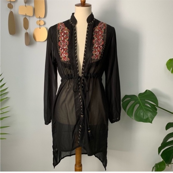 Cato Tops - Cato | Black Embroidered Bead Adjustable Tassel Waist Kimono Sheer Tunic Top XS